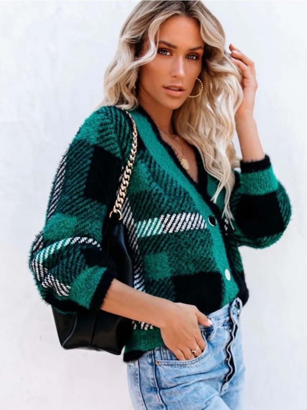 English Factory Taylor Plaid Fuzzy Knit Cardigan - Picture 4 of 8